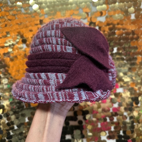 Chic Burgundy Knit Cloche Hat with Rose Detail